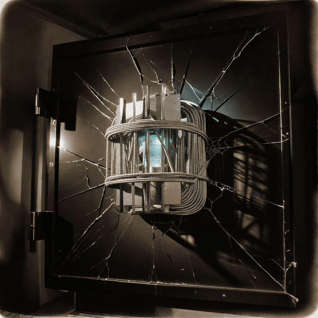 vintage Victorian newspaper photograph, sepia tone, aged paper texture, halftone dot printing, 1890s photojournalism, slight grain, archival quality, authentic period photography, a cryogenic quantum core, suspended in a lattice of braided niobium wires and cooled copper plates, glowing faintly with unstable blue light, mounted at the center of a massive obsidian vault door riddled with hairline fractures radiating outward, illuminated by sharp side lighting that casts long, jagged shadows, in an atmosphere of silent, inevitable breach [Bria Fibo]