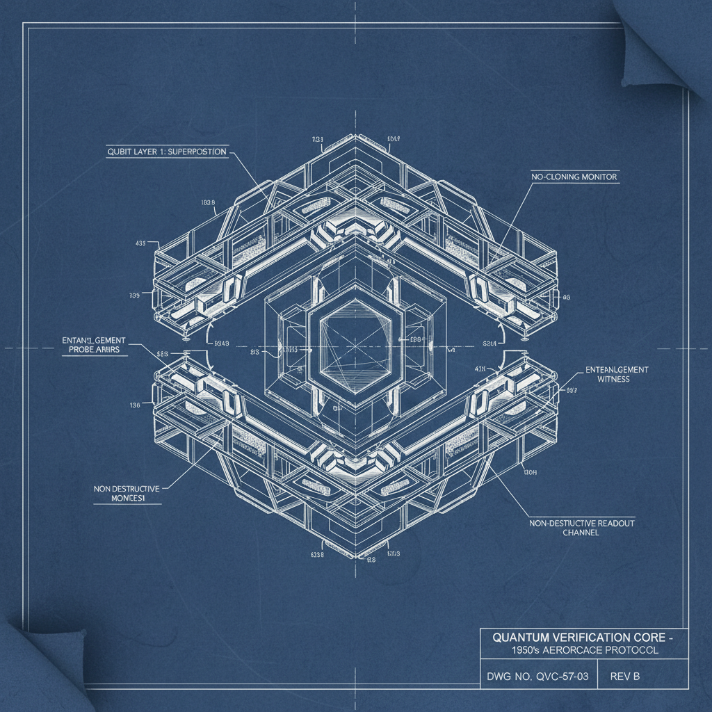 technical blueprint on blue paper, white precise lines, engineering annotations, 1950s aerospace, cutaway view of a quantum verification core, layered crystalline lattice structure with labeled quantum states and measurement probes, internal components annotated with callout lines showing 'no-cloning monitor', 'entanglement witness port', and 'non-destructive readout channel', precision-engineered metallic and transparent quantum substrate materials, illuminated from within by faint, directional blue-white light indicating state coherence, clinical and exacting atmosphere [Nano Banana]