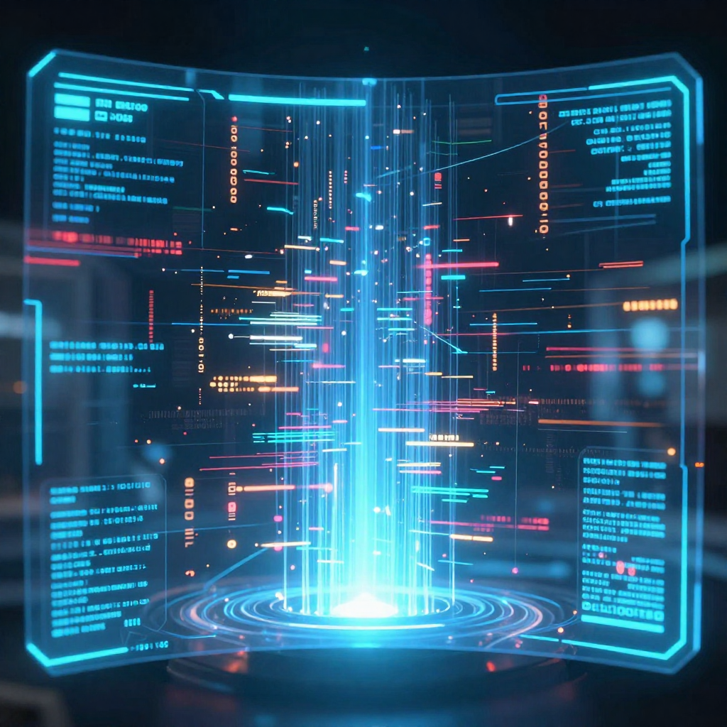 first-person view through futuristic HUD interface filling entire screen, transparent holographic overlays, neon blue UI elements, sci-fi heads-up display, digital glitch artifacts, RGB chromatic aberration, data corruption visual effects, immersive POV interface aesthetic, a translucent archive of frozen light pulses, suspended in a grid of faintly glowing fiber-like filaments, viewed through a curved heads-up display with time-stamped metadata scrolling along the edges, soft red and amber glyphs glowing in the periphery, central data column illuminated from below by a cold blue beam, atmosphere of silent anticipation against a blurred void background [Z-Image Turbo]