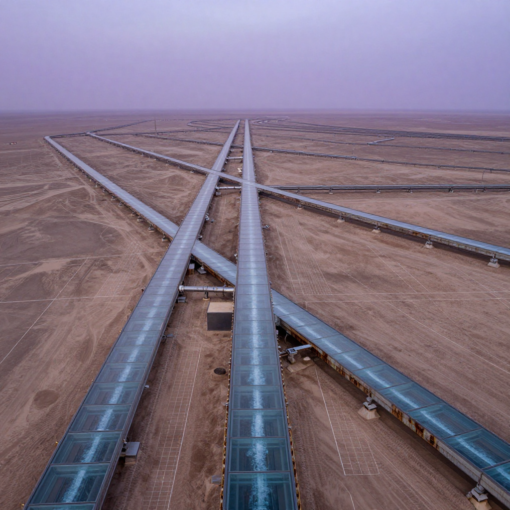 industrial scale photography, clean documentary style, infrastructure photography, muted industrial palette, systematic perspective, elevated vantage point, engineering photography, operational facilities, a self-replicating data canal network, constructed from mirrored glass troughs and weathered steel conduits, stretching infinitely across a flat desert basin under a violet dawn sky, each channel carrying pulses of condensation that mirror the flow of simulated worker decisions, with faint gridlines etched into the earth below suggesting recursive observation patterns, atmospheric haze blurring the horizon where the canals double back into themselves [Z-Image Turbo]