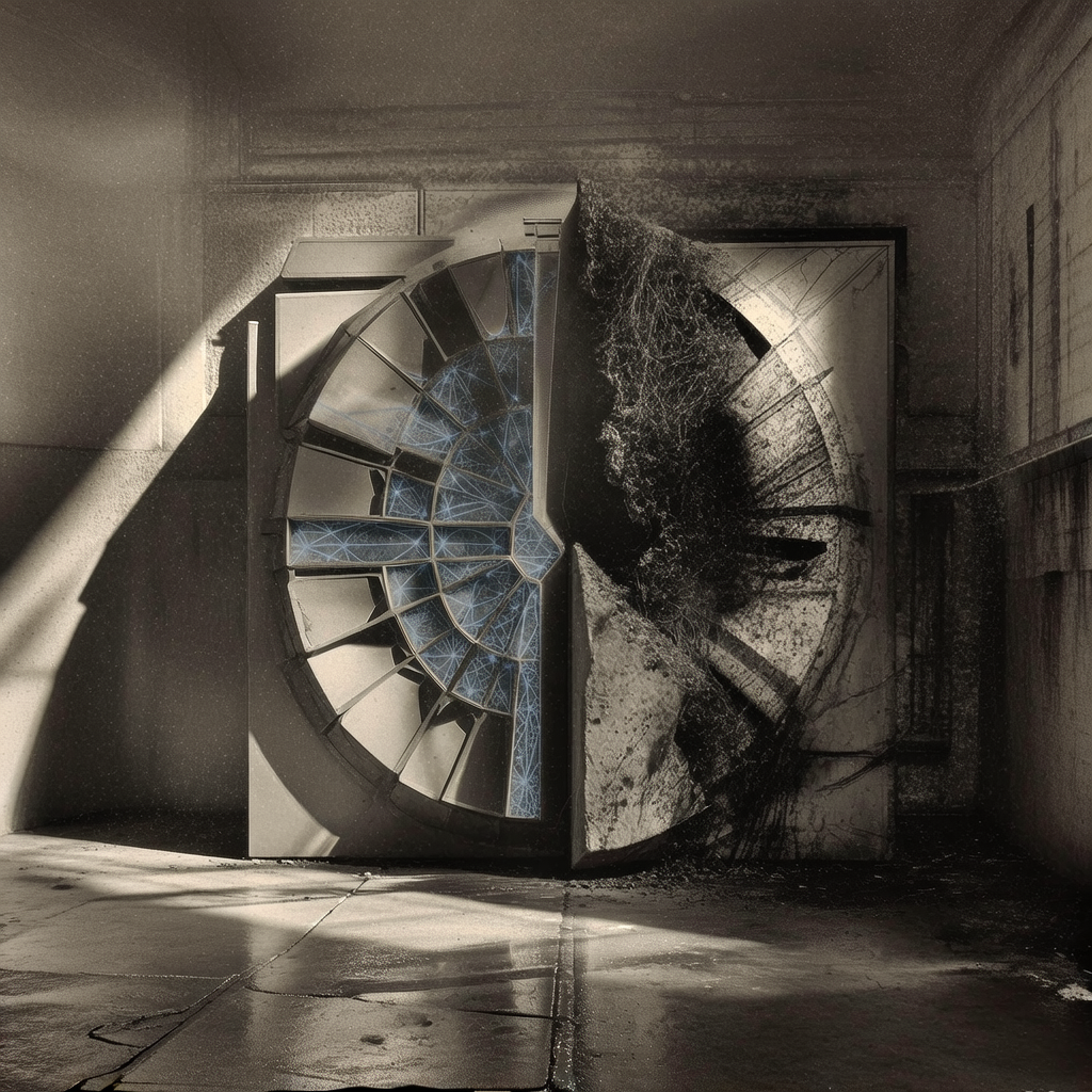 vintage Victorian newspaper photograph, sepia tone, aged paper texture, halftone dot printing, 1890s photojournalism, slight grain, archival quality, authentic period photography, A massive vault door split down the middle, one side forged from fractured crystalline lattices glowing with faint blue vectors of mathematical order, the other side corroding into blackened ash and static threads; hard diagonal light slices from the left, casting long splintered shadows across a concrete bunker floor slick with condensation; the air thick with drifting particulates and the ghostly hum of failing systems, conveying the precarious threshold between cryptographic survival and collapse [Bria Fibo]