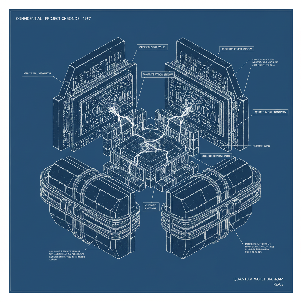 technical blueprint on blue paper, white precise lines, engineering annotations, 1950s aerospace, exploded-view diagram of a massive, ancient-looking cryptographic vault, forged from layered blocks of encrypted stone and quantum-resistant alloys, split into annotated segments revealing internal chambers labeled 'p2pk Exposure Zone', '10-Minute Attack Window', and 'Quantum Shield Upgrade Path'; fissures of unstable light pulse through outdated core sections, while reinforcement bands are being wound around outer layers; technical callout lines point to structural weaknesses and retrofit zones, all set against clean white negative space with precise engineering labeling [Nano Banana]