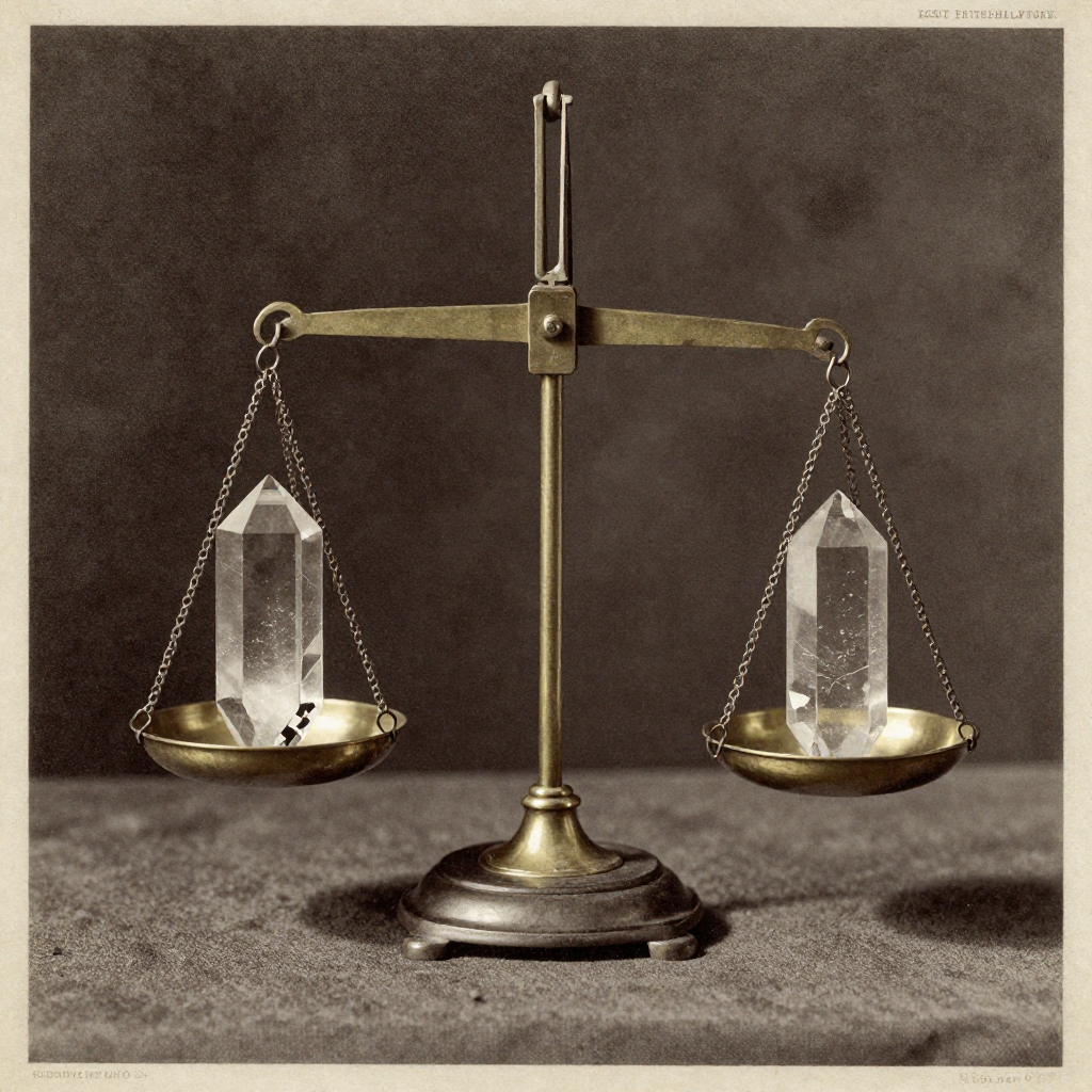 vintage Victorian newspaper photograph, sepia tone, aged paper texture, halftone dot printing, 1890s photojournalism, slight grain, archival quality, authentic period photography, A brass and obsidian balance scale suspended in darkness, each arm holding identical crystalline logic prisms—flawless and aligned—under sharp side lighting that casts long, jagged shadows; one prism subtly fractured at its core, glowing faintly with corrupted internal light, while the other remains pure and cold, symbolizing the fault-detection power of RESWO in maintaining cryptographic truth through mirrored computation. [Z-Image Turbo]
