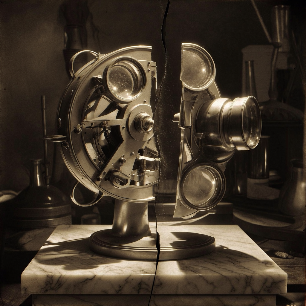 vintage Victorian newspaper photograph, sepia tone, aged paper texture, halftone dot printing, 1890s photojournalism, slight grain, archival quality, authentic period photography, A large, antique-style optical lens array, brass and glass, cracked cleanly down its center, with the right half subtly displaced and hovering just above the base as if in motion, fine dust drifting in the gap; dramatic side lighting from the left casting long, sharp shadows across a marble platform; atmosphere of quiet rupture and irreversible transition, as though a fundamental instrument of vision has begun to leave its foundation. [Bria Fibo]