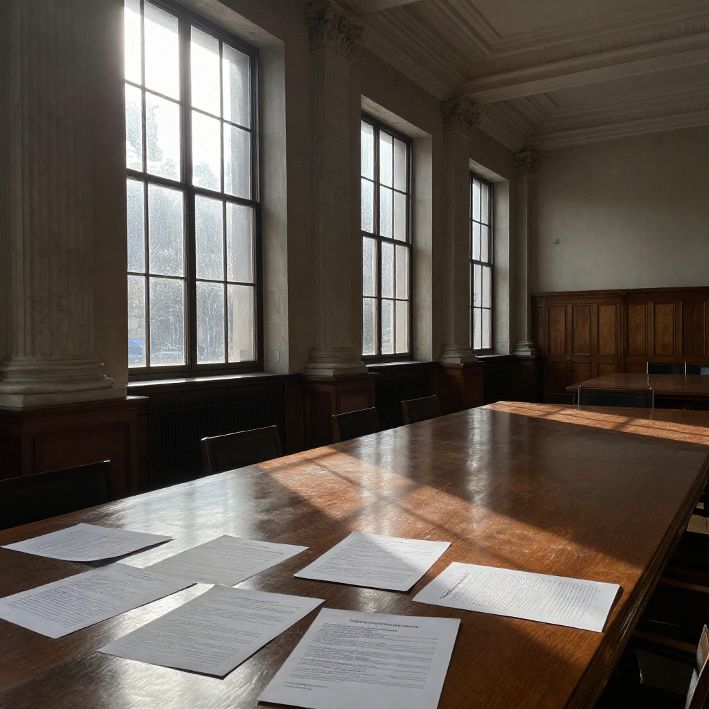 empty formal interior, natural lighting through tall windows, wood paneling, institutional architecture, sense of history and permanence, marble columns, high ceilings, formal furniture, muted palette, long mahogany boardroom table stretching into shadow, scattered proxy statements and shareholding charts half-buried under dust, morning light slicing diagonally through tall, rain-streaked windows, air thick with stillness and unmet accountability [Z-Image Turbo]