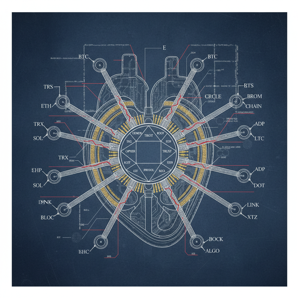 technical blueprint on blue paper, white precise lines, engineering annotations, 1950s aerospace, Cutaway diagram of a multi-chambered cryptographic heartlock, forged from oxidized steel and embedded silicon wafers, its central chamber housing a rotating dodecahedron inscribed with the 12 seed words; twelve alloy spokes radiate outward, each splitting into multiple filigreed conduits labeled 'BTC', 'ETH', 'TRX', etc., with annotation lines pointing to stress fractures along shared pathways; overhead lighting casts sharp shadows through transparent blockchain layers, revealing alignment faults; sterile white background emphasizes structural fragility beneath technical complexity [Nano Banana]