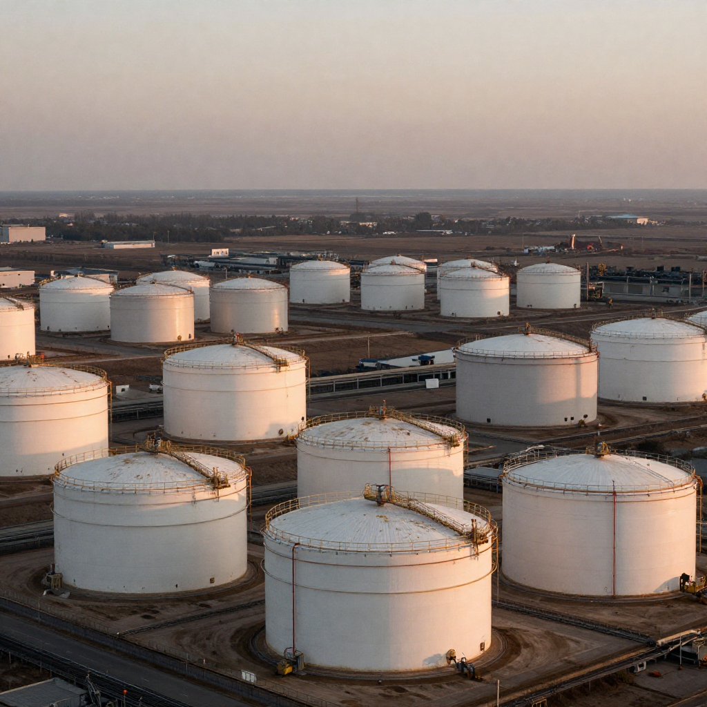 industrial scale photography, clean documentary style, infrastructure photography, muted industrial palette, systematic perspective, elevated vantage point, engineering photography, operational facilities, a silent gridlock of oil storage tanks, steel hulls scarred by salt and sun, arranged in rigid concentric arrays across a drained seabed, viewed from above at twilight, cold amber light slicing low from the horizon, atmosphere of suspended crisis and unnatural stillness [Z-Image Turbo]