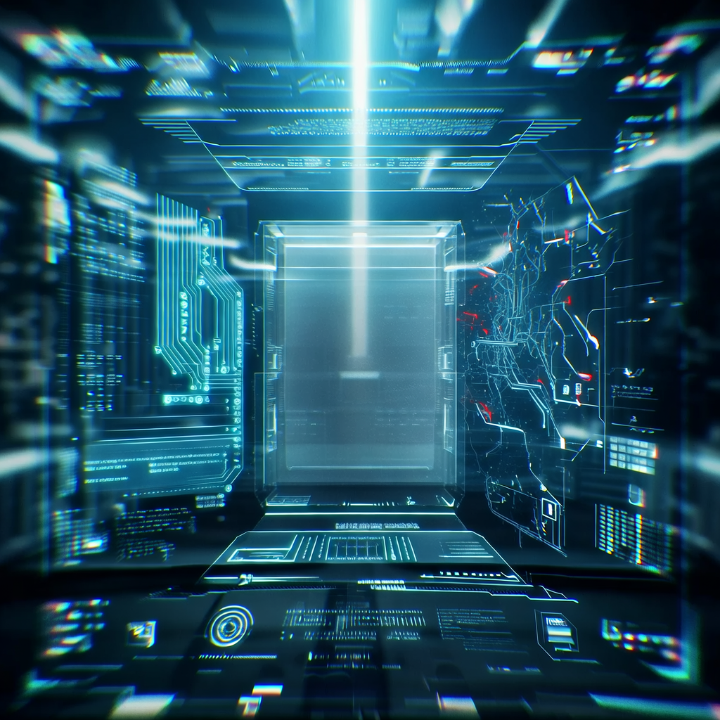 first-person view through futuristic HUD interface filling entire screen, transparent holographic overlays, neon blue UI elements, sci-fi heads-up display, digital glitch artifacts, RGB chromatic aberration, data corruption visual effects, immersive POV interface aesthetic, a translucent decision gateway at the center of a minimalist HUD, flanked by two divergent data streams—one structured, one chaotic—etched in faint glowing circuit traces on glass, backlit by a cold axial light, atmosphere of suspended computational tension [Bria Fibo]