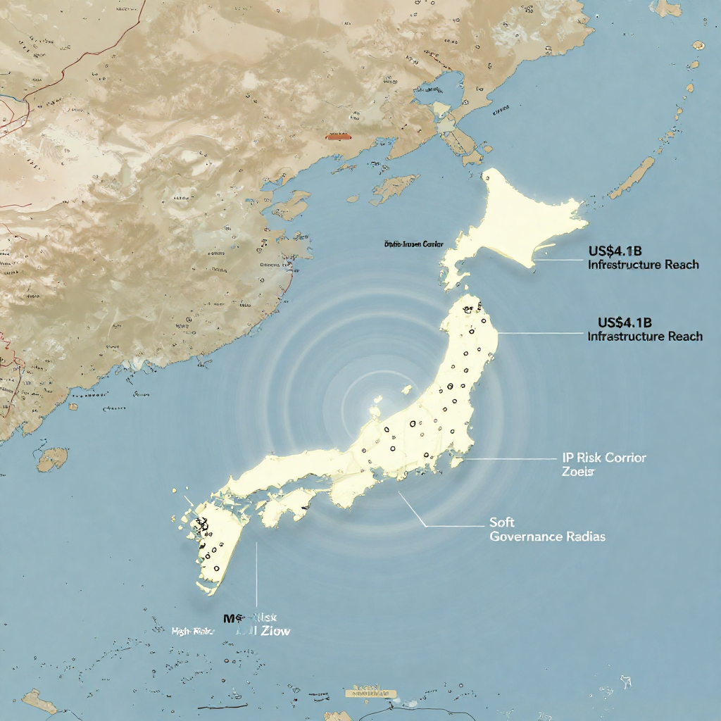 flat color political map, clean cartographic style, muted earth tones, no 3D effects, geographic clarity, professional map illustration, minimal ornamentation, clear typography, restrained color coding, Flat 2D map of East Asia with Japan outlined in luminous, thin wireframe; border segments flicker and dissolve into dotted transmission lines labeled 'High-Risk AI Flow' and 'Data Transit Corridor'; faint gradient pulses outward from Tokyo in concentric rings marked 'US$4.1B Infrastructure Reach'; subtle arrows in muted red trace routes toward defense outposts and robotics hubs; pale annotation lines in sans-serif script point to gaps in enforcement with labels: 'No Penalties Zone', 'IP Risk Corridor', and 'Soft Governance Radius'; cool blue base with amber highlights and minimal topographic detail [Z-Image Turbo]