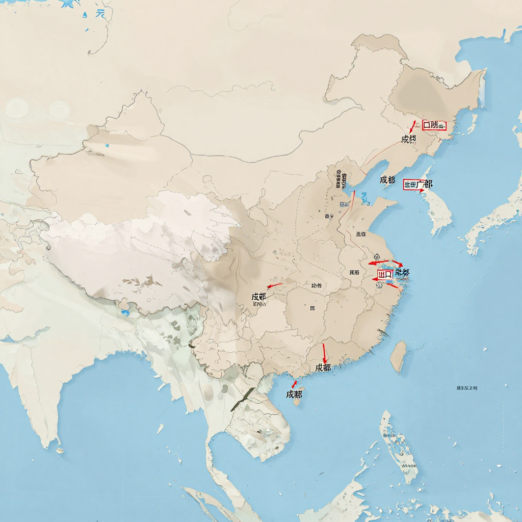 flat color political map, clean cartographic style, muted earth tones, no 3D effects, geographic clarity, professional map illustration, minimal ornamentation, clear typography, restrained color coding, flat 2D map of East Asia, clean vector lines dividing regions into self-contained tech zones, subtle gradient shading marking areas of domestic semiconductor production, red annotation arrows tracing internal supply routes from Chengdu to Shenzhen to Guangdong, thin dashed lines indicating severed foreign connections at Pacific boundary, overhead lighting casting sharp shadows on torn export license stamps along the eastern edge [Z-Image Turbo]