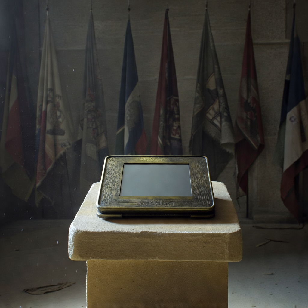 muted documentary photography, diplomatic setting, formal atmosphere, institutional gravitas, desaturated color palette, press photography style, 35mm film grain, natural lighting, professional photojournalism, Silicon tablet mounted in bronze casing, etched with microchannel patterns like ancient runes, resting on a sandstone plinth under dim side-lit glow, in a barren chamber draped with faded flags of multiple nations, dust motes suspended in still air, atmosphere of uneasy truce and silent obligation. [Bria Fibo]