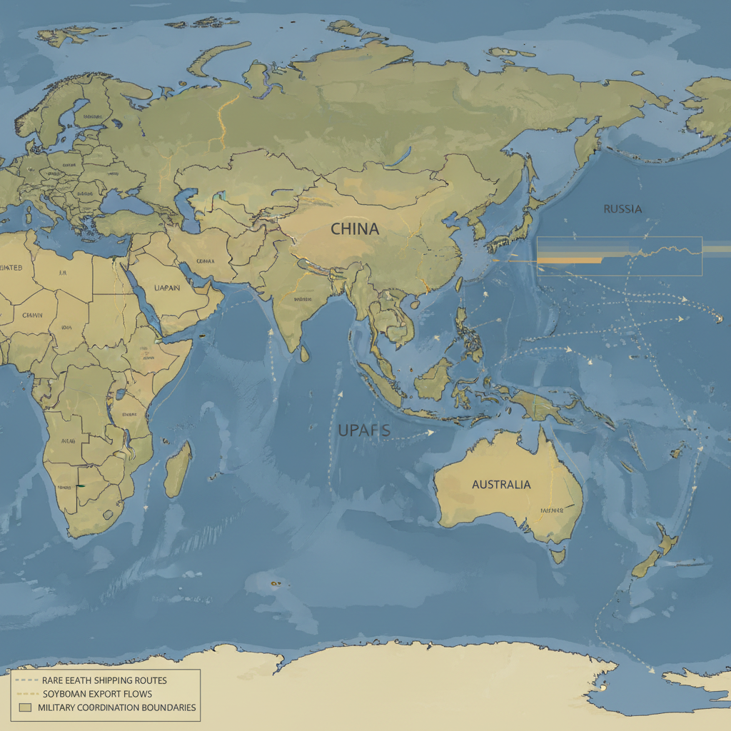 flat color political map, clean cartographic style, muted earth tones, no 3D effects, geographic clarity, professional map illustration, minimal ornamentation, clear typography, restrained color coding, a flat 2D political map of the Pacific Rim, the surface cracked along tectonic fault lines between North America and East Asia, thin veins of warm gold resin repairing the fractures, subtle blue-to-amber gradients marking shifting trade compliance zones, fine annotation lines tracing rare earth shipping routes, soybean export flows, and military coordination boundaries, soft overhead lighting emphasizing the precision of the mends, atmosphere of cautious calibration [Nano Banana]