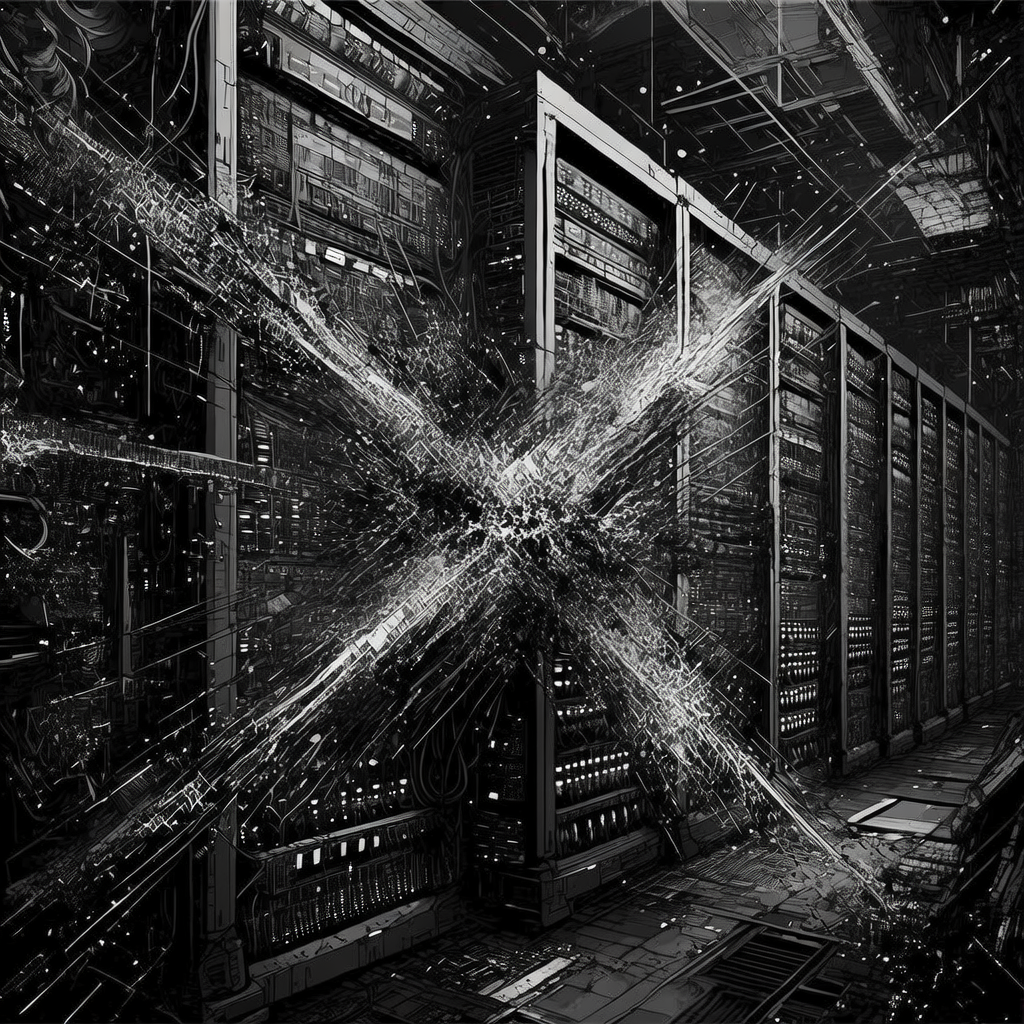 black and white manga panel, dramatic speed lines, Akira aesthetic, bold ink work, A vast, dark server farm representing a cryptocurrency network, where glowing blockchain data streams are violently dissolving into chaotic static, illuminated by the eerie, cold light of an unseen quantum decryption process, tense and catastrophic atmosphere, cinematic sci-fi thriller style, hyper-detailed, trending cyberpunk aesthetic.