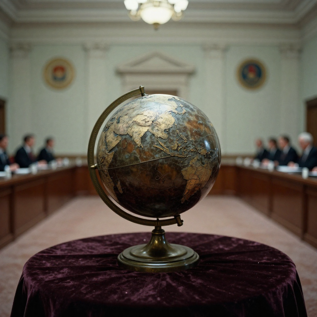 muted documentary photography, diplomatic setting, formal atmosphere, institutional gravitas, desaturated color palette, press photography style, 35mm film grain, natural lighting, professional photojournalism, a cracked ceremonial globe resting on a velvet-draped diplomatic table, bronze and lacquer with gold inlay fissures spreading from East Asia to North America, dim side-lit from an unseen chandelier, atmosphere of solemn stillness in a grand, empty treaty hall with faded national seals along the walls [Z-Image Turbo]