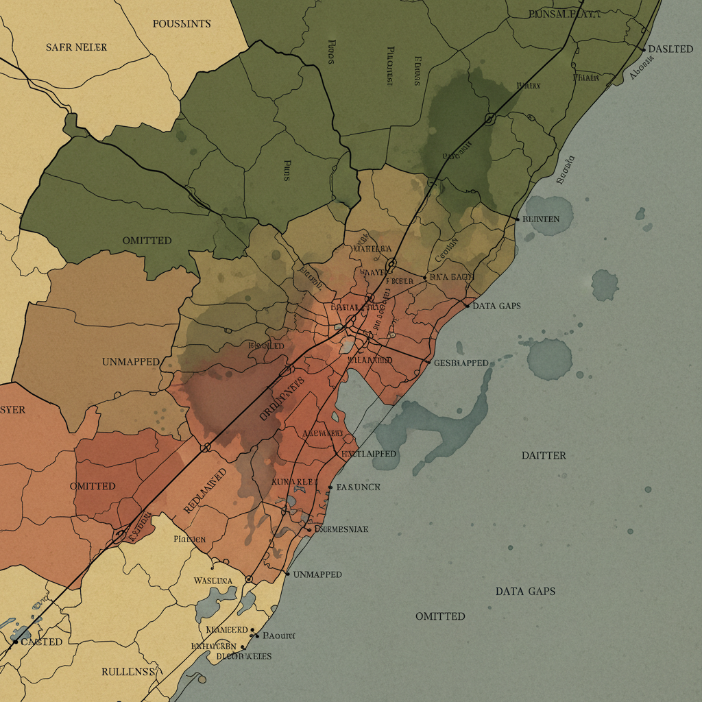 flat color political map, clean cartographic style, muted earth tones, no 3D effects, geographic clarity, professional map illustration, minimal ornamentation, clear typography, restrained color coding, flat 2D historical map of a coastal city, inked boundary lines fractured like dry earth, tinted water stains spreading along annotated flood routes, subtle gradient washes distinguishing redlined districts, dim overhead lighting casting sharp shadows on labeled omissions, atmosphere of archival silence and deliberate erasure [Nano Banana]