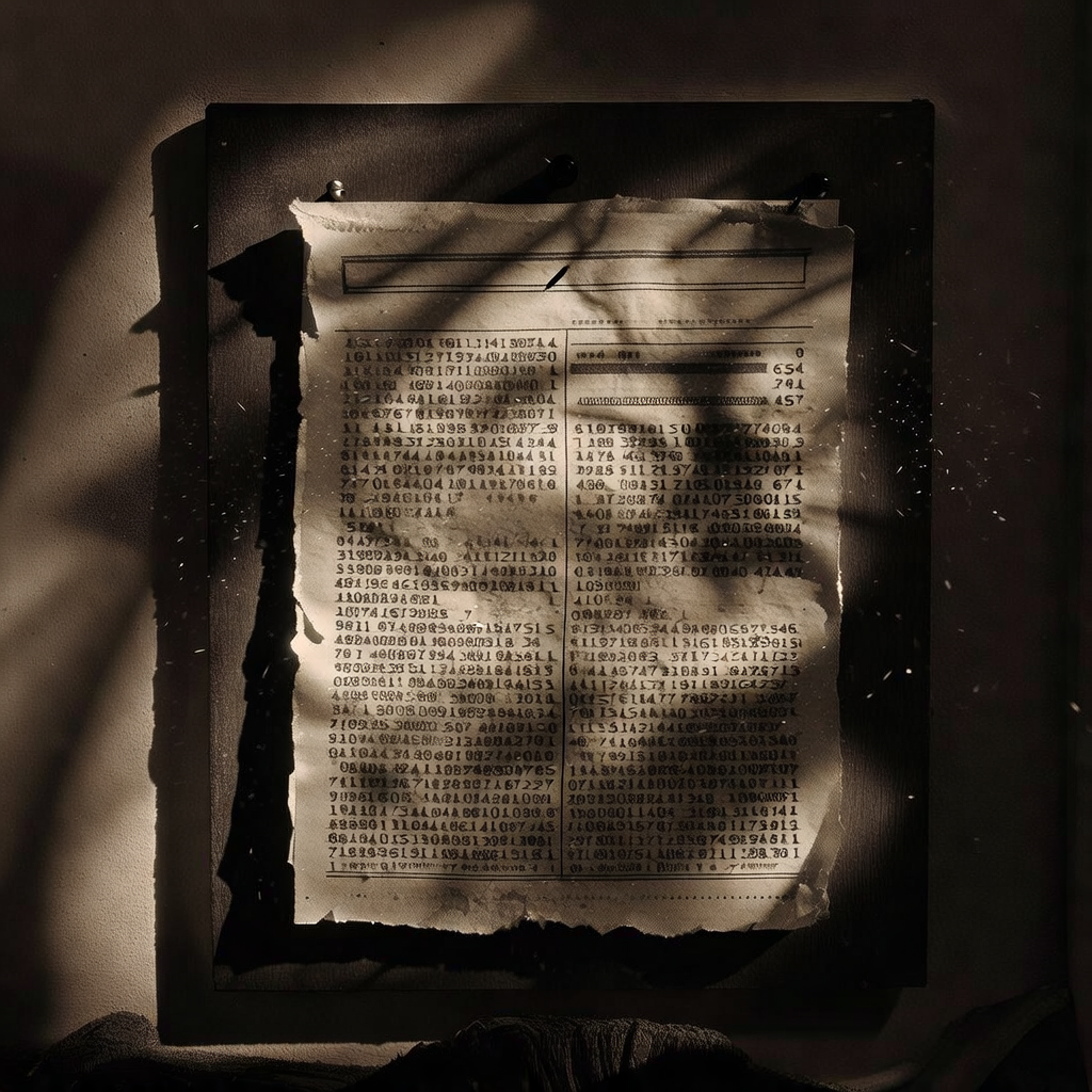 vintage Victorian newspaper photograph, sepia tone, aged paper texture, halftone dot printing, 1890s photojournalism, slight grain, archival quality, authentic period photography, A single parchment ledger page pinned to a dark oak board, its surface covered in dense hexadecimal script — rows upon rows of nearly identical addresses, one character off in each mimic line, rendered in smudged iron-gall ink. The paper frays at the edges, with ink bleeding laterally as if replicating on its own. A single shaft of cold moonlight slices from the left, casting sharp shadows of the text across the wall, where some characters appear to shift when viewed obliquely. The air is thick with fine dust motes suspended mid-fall, and a faint hum vibrates the page — imperceptible at first, but making the wrong characters tremble. [Bria Fibo]