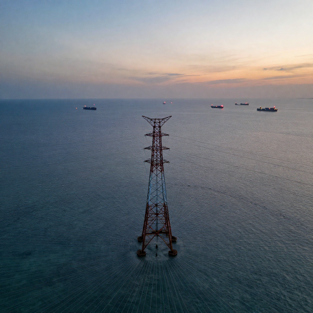 industrial scale photography, clean documentary style, infrastructure photography, muted industrial palette, systematic perspective, elevated vantage point, engineering photography, operational facilities, a solitary rusting transmission tower standing on a cracked coral atoll, surrounded by faint radial patterns of buried fiber-optic cables emerging from the seabed like metallic veins, distant container ships trailing red navigation lights along horizon grid lines, viewed from high altitude at twilight, cold blue and burnt orange gradient sky, atmosphere of silent encroachment [Z-Image Turbo]