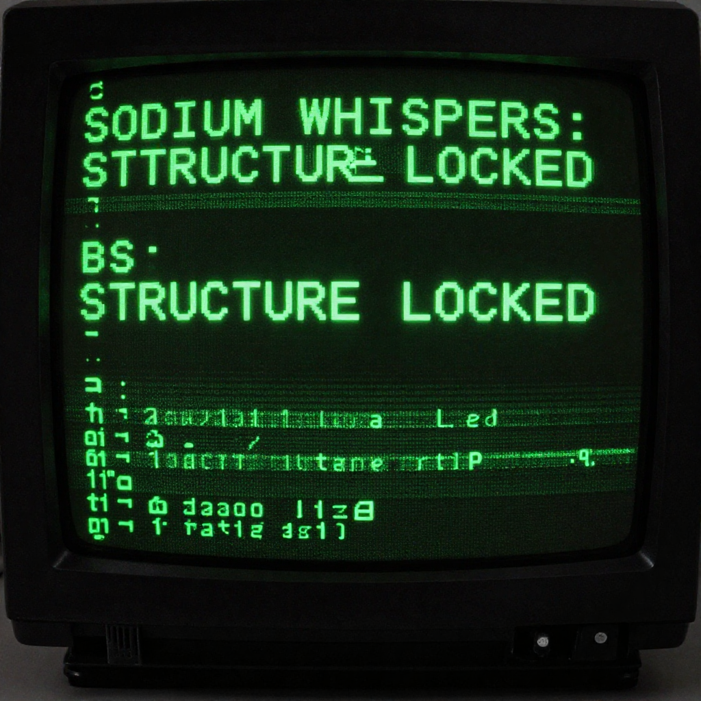 full screen view of monochrome green phosphor CRT terminal display, command line interface filling entire frame, heavy scanlines across black background, authentic 1970s computer terminal readout, VT100 style, green text on black, phosphor glow, screen curvature at edges, "SODIUM WHISPERS: STRUCTURE LOCKED", glowing monochrome text on deep black terminal screen, front-lit with sharp clarity, silent and minimal atmosphere [Z-Image Turbo]