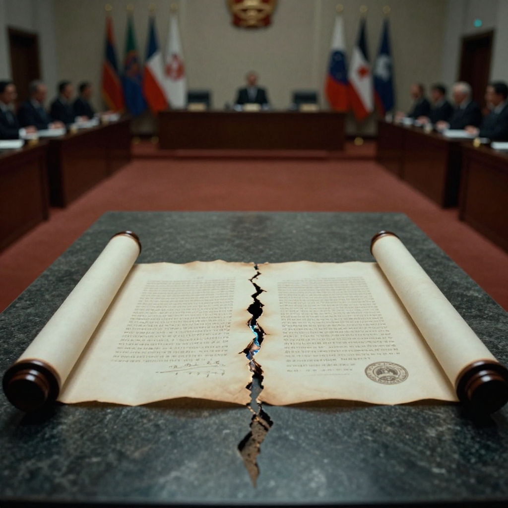 muted documentary photography, diplomatic setting, formal atmosphere, institutional gravitas, desaturated color palette, press photography style, 35mm film grain, natural lighting, professional photojournalism, A ceremonial scroll with embossed state seal lying at the center of a dark stone table, its parchment split down the middle by a thin, glowing fissure from which faint blue light seeps; the texture of the parchment shows aged fiber and inked characters, while the fissure reveals subterranean strata beneath, as if the document itself is fracturing the land; side-lit by low-angle institutional lamps casting long shadows, the atmosphere is hushed and procedural, with muted earth tones—olive, charcoal, and rust—filling a vast, silent hall lined with draped flags and unattended podiums [Z-Image Turbo]