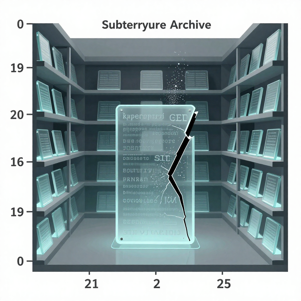 clean data visualization, flat 2D chart, muted academic palette, no 3D effects, evidence-based presentation, professional infographic, minimal decoration, clear axis labels, scholarly aesthetic, a subterranean archive of engraved glass data plates, fused silica and steel, lit from below by faint blue light, housed in a grid-aligned chamber with precise orthogonal shelves; one central plate fractures along a sharp fault line as a low-frequency vibration distorts the air, dust suspended in stillness, the atmosphere tense with impending revelation [Z-Image Turbo]