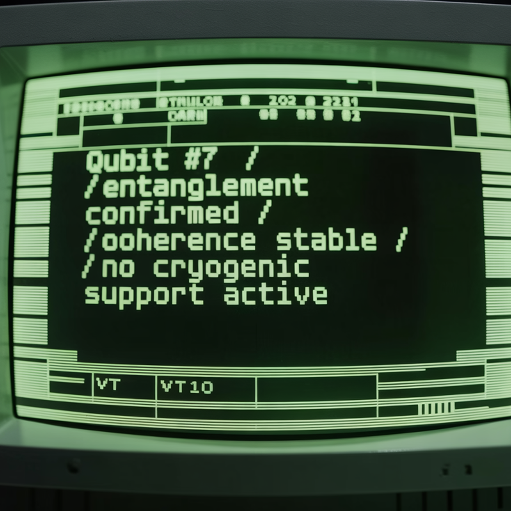 full screen view of monochrome green phosphor CRT terminal display, command line interface filling entire frame, Nostromo aesthetic, heavy scanlines across black background, authentic 1970s computer terminal readout, VT100 style, green text on black, phosphor glow, screen curvature at edges, [TERMINAL SCREEN DISPLAY: "QUBIT #7 // ENTANGLEMENT CONFIRMED // COHERENCE STABLE // NO CRYOGENIC SUPPORT ACTIVE"], harsh glowing text on stark black background, atmosphere of silent technological revelation [fal-ai/ideogram/v3]