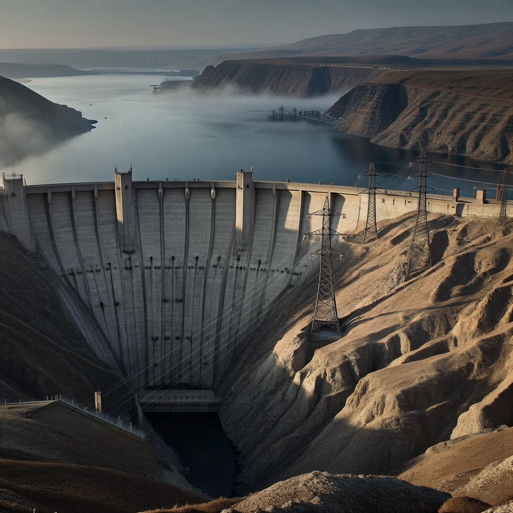 industrial scale photography, clean documentary style, infrastructure photography, muted industrial palette, systematic perspective, elevated vantage point, engineering photography, operational facilities, A colossal concrete dam cleaving a high-altitude river, its face scored with pressure seams and surveillance ports, stretching like a blade across the valley; behind it, a reservoir extends into glacial mist, while ahead, dry canyons fan into enemy territory; steel transmission towers march in parallel lines toward distant data bunkers, their cables taut under cold dawn light; the air is still, the water held back by a single switch, the land below waiting to flood or starve [Bria Fibo]