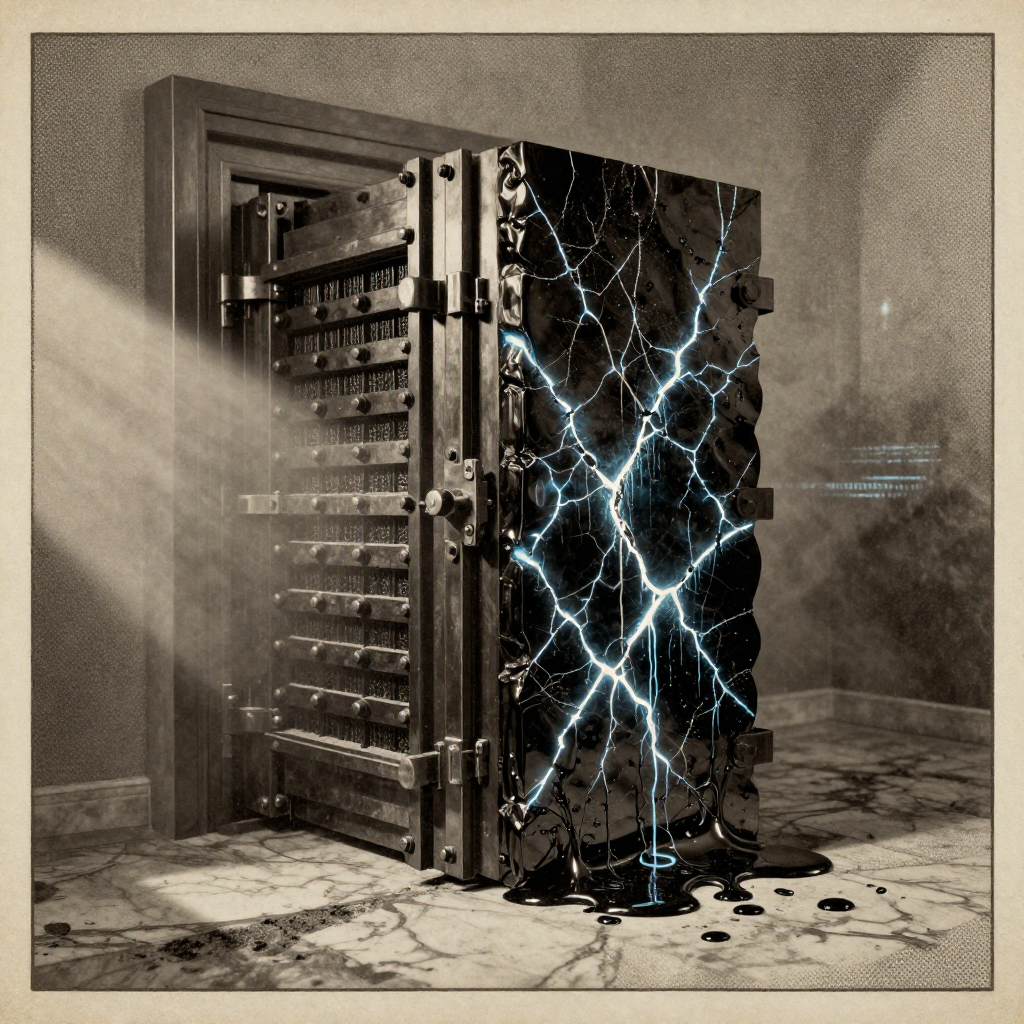 vintage Victorian newspaper photograph, sepia tone, aged paper texture, halftone dot printing, 1890s photojournalism, slight grain, archival quality, authentic period photography, a massive vault door carved from obsidian-black cryptographic hash layers, its surface cracked along glowing quantum-etched fissures that pulse with cold blue light, one side rigid and intact while the other sags into molten silicon droplets, illuminated by a sharp diagonal beam from the left that casts long shadows across scorched marble flooring, the air thick with static haze and the faint shimmer of destabilizing encryption fields [Z-Image Turbo]