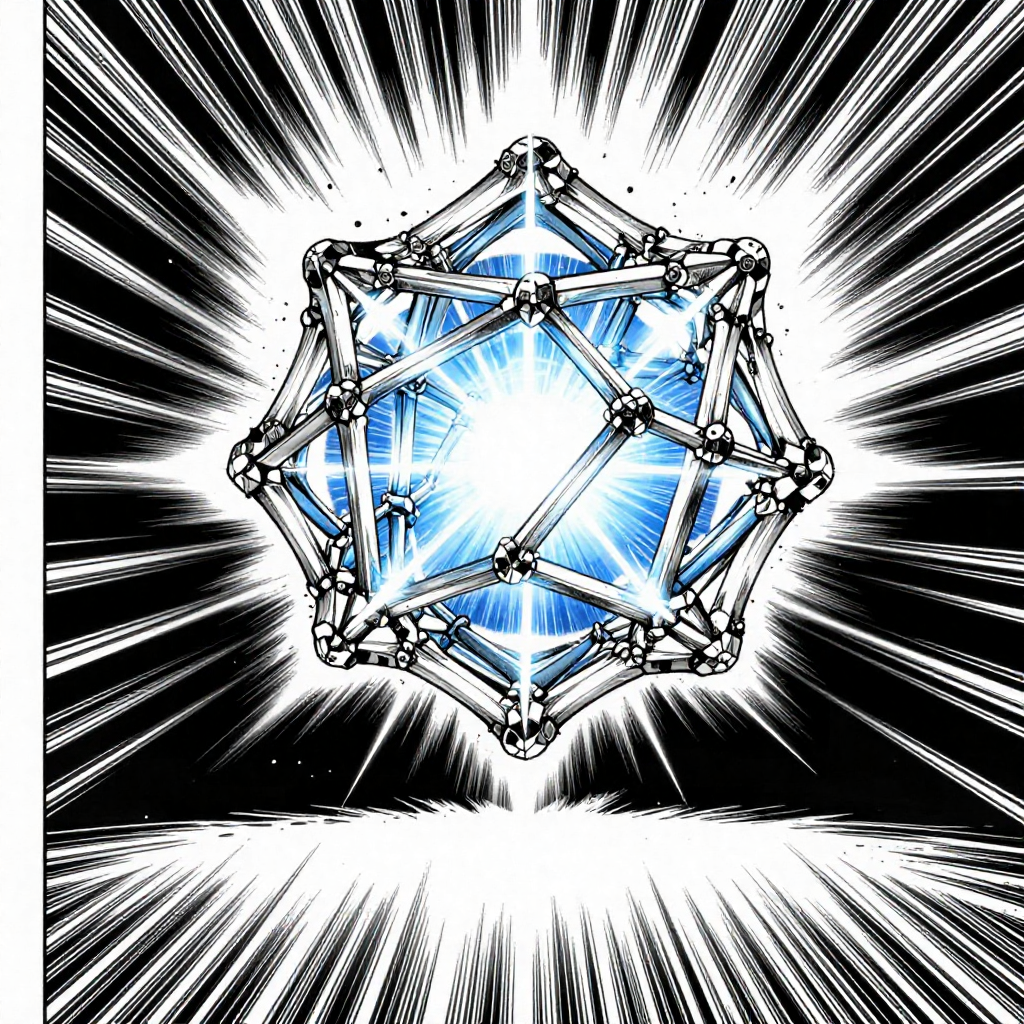 black and white manga panel, dramatic speed lines, Akira aesthetic, bold ink work, a self-assembling quantum crystal lattice, forged from shimmering fault-tolerant struts of polarized energy, mid-snap into perfect symmetry, speed lines radiating from its core like sonic booms, lit from within by pulses of coherent blue light, suspended in total darkness with vast empty space below and above, atmosphere of imminent breakthrough under zero tolerance for error [Z-Image Turbo]