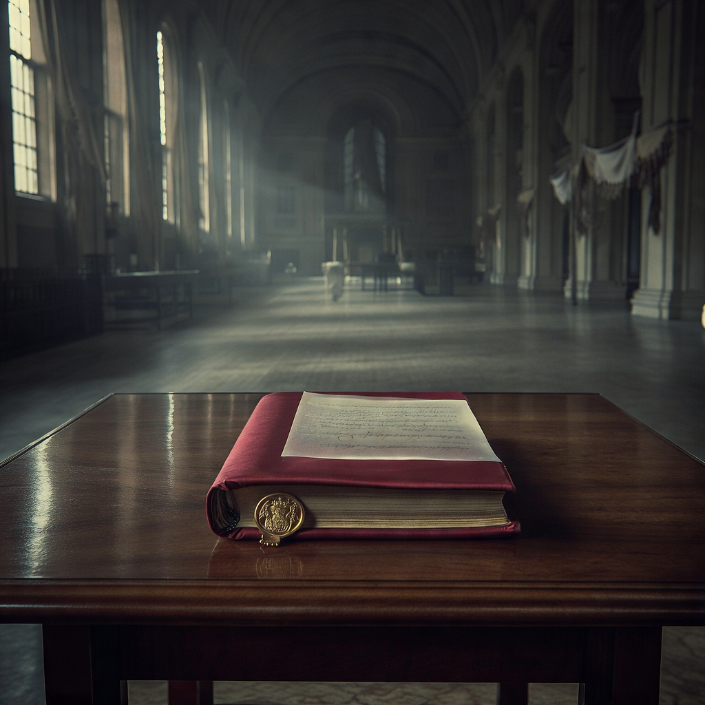 muted documentary photography, diplomatic setting, formal atmosphere, institutional gravitas, desaturated color palette, press photography style, 35mm film grain, natural lighting, professional photojournalism, A ceremonial ledger bound in red silk, lying centered on a polished sandalwood table, its gold seal unbroken, delicate ink calligraphy visible beneath glassine paper, side-lit by narrow beams from tall arched windows, atmosphere of hushed anticipation in a cavernous colonial hall draped with muted bunting. [Bria Fibo]