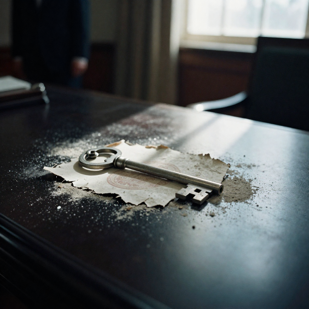 muted documentary photography, diplomatic setting, formal atmosphere, institutional gravitas, desaturated color palette, press photography style, 35mm film grain, natural lighting, professional photojournalism, a ceremonial key made of brittle, ashen paper resting on a lacquered black desk, edges crumbling into fine gray dust, dim side light from a high window casting long shadows across a faded imperial seal, atmosphere of silent decay and unmet obligation [Z-Image Turbo]