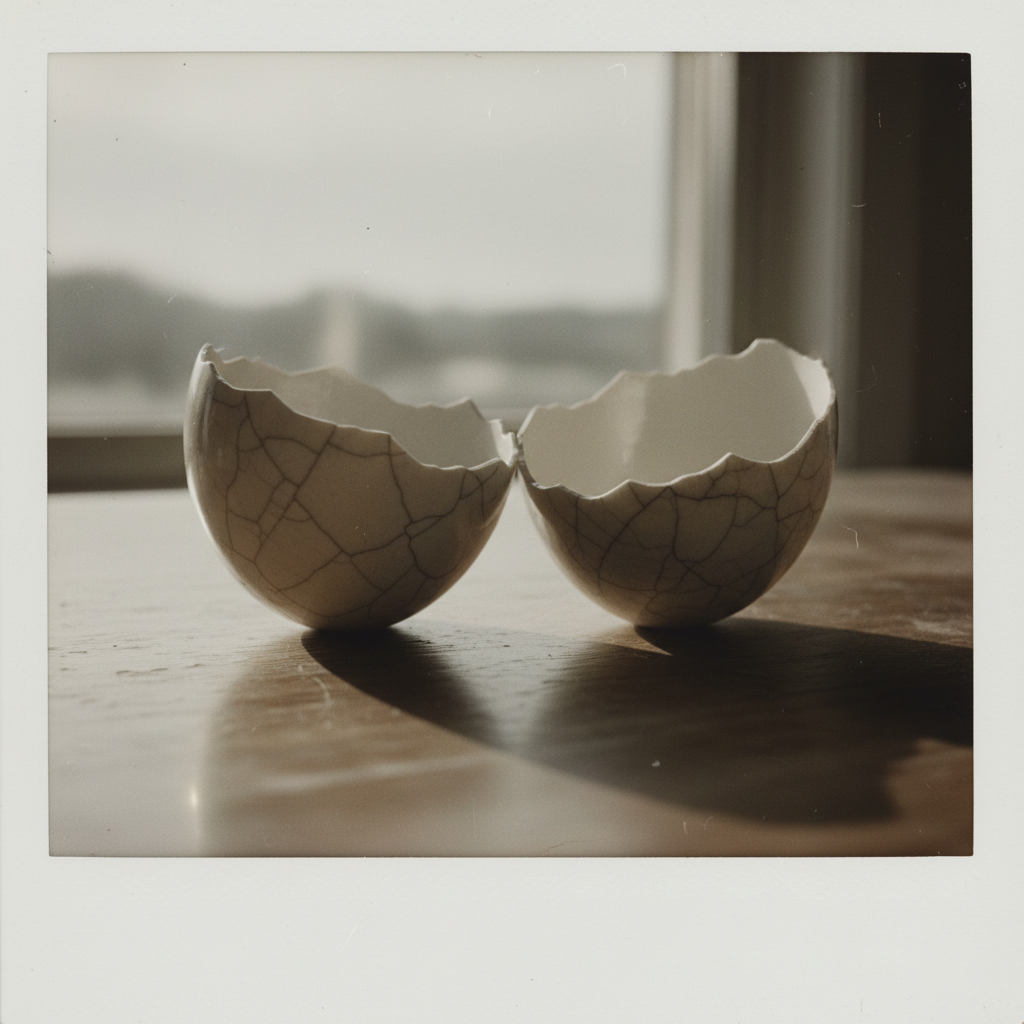 instant Polaroid photograph, vintage 1970s aesthetic, faded colors, white border frame, slightly overexposed, nostalgic lo-fi quality, amateur snapshot, a ceramic eggshell split cleanly along its equator, smooth glazed surface fractured with fine hairline cracks, morning light from the left casting a soft shadow, resting on a worn wooden table under overcast sky [Nano Banana]