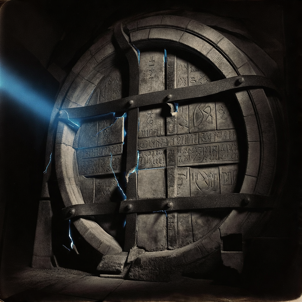 vintage Victorian newspaper photograph, sepia tone, aged paper texture, halftone dot printing, 1890s photojournalism, slight grain, archival quality, authentic period photography, a massive ancient stone vault door etched with fading cryptographic runes, its iron bands splitting along glowing quantum fissures, lit from the side by a cold blue beam slicing through darkness, atmosphere of silent collapse and imminent breach [Bria Fibo]