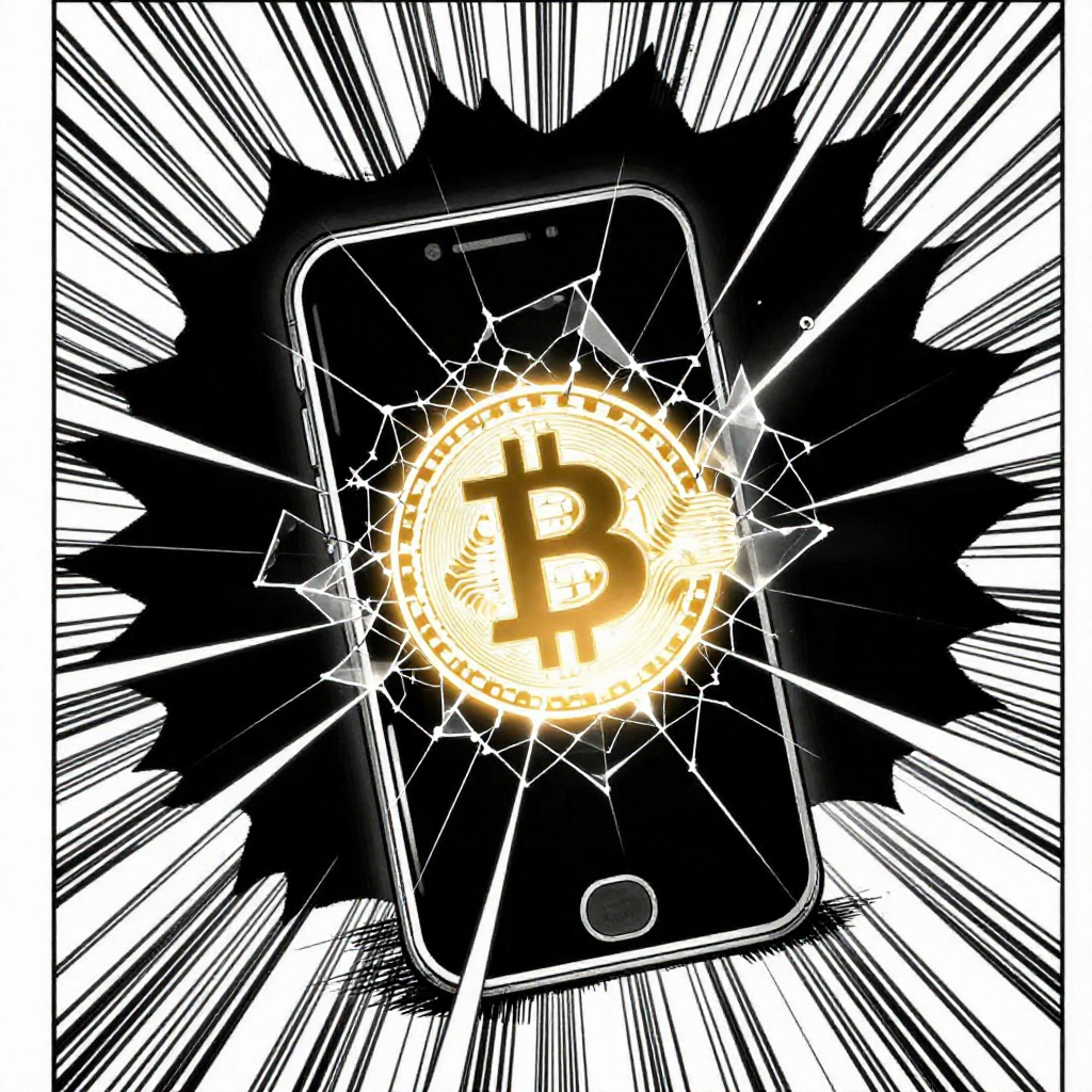black and white manga panel, dramatic speed lines, Akira aesthetic, bold ink work, A cracked smartphone screen glowing with a sharp Bitcoin logo at its center, spiderweb fractures radiating outward like shattered glass, yet the emblem pulses with intense golden light that pushes through every fissure, speed lines bursting from the logo like explosive shockwaves, backlit by deep void-black space, harsh frontal illumination creating stark contrast, atmosphere of controlled rupture — where fragility becomes fortification [Z-Image Turbo]