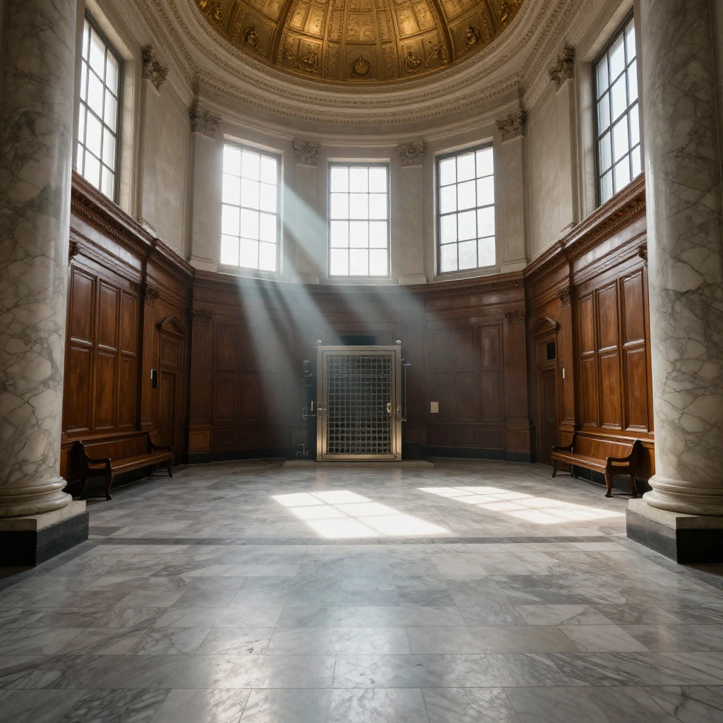 empty formal interior, natural lighting through tall windows, wood paneling, institutional architecture, sense of history and permanence, marble columns, high ceilings, formal furniture, muted palette, an empty central bank vault chamber, cracked marble floor beneath a collapsed gilded dome, natural light slicing through high windows at a diagonal, dust suspended in the air, silence pressing down like a weight [Z-Image Turbo]