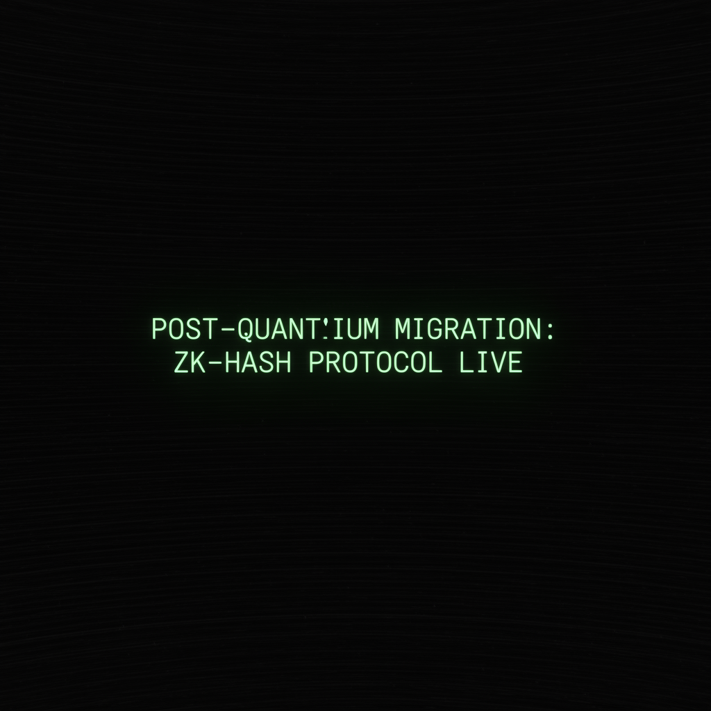 full screen view of monochrome green phosphor CRT terminal display, command line interface filling entire frame, heavy scanlines across black background, authentic 1970s computer terminal readout, VT100 style, green text on black, phosphor glow, screen curvature at edges, "POST-QUANTUM MIGRATION: ZK-HASH PROTOCOL LIVE", crisp monospace text glowing faintly green, centered on terminal screen, light emanating from characters into infinite black void, atmosphere of quiet inevitability [Nano Banana]