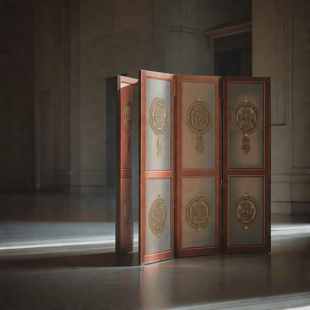 muted documentary photography, diplomatic setting, formal atmosphere, institutional gravitas, desaturated color palette, press photography style, 35mm film grain, natural lighting, professional photojournalism, A gilded folding screen, lacquered in muted vermilion and ash-gray silk, standing upright in a cavernous hall, its panels segmented by inlaid calligraphy seals of U.S. and Chinese emblems, one panel slightly ajar as though recently closed, soft side-light slicing across the floor and catching dust in the air, the atmosphere heavy with silence and unspoken negotiation, institutional shadows stretching behind it like archived decisions [Bria Fibo]