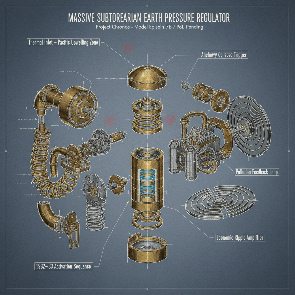 technical blueprint on blue paper, white precise lines, engineering annotations, 1950s aerospace, Exploded technical diagram of a massive subterranean Earth pressure regulator, brass and corroded steel components separated in mid-air cutaway, labeled: "Thermal Inlet – Pacific Upwelling Zone", "Anchovy Collapse Trigger", "Pollution Feedback Loop", "Life Expectancy Modulator", "Economic Ripple Amplifier", faint red warning glyphs near "1982–83 Activation Sequence" and "1997–98 Overload Event", soft gray negative space background, precision ink lines with annotation vectors [Nano Banana]