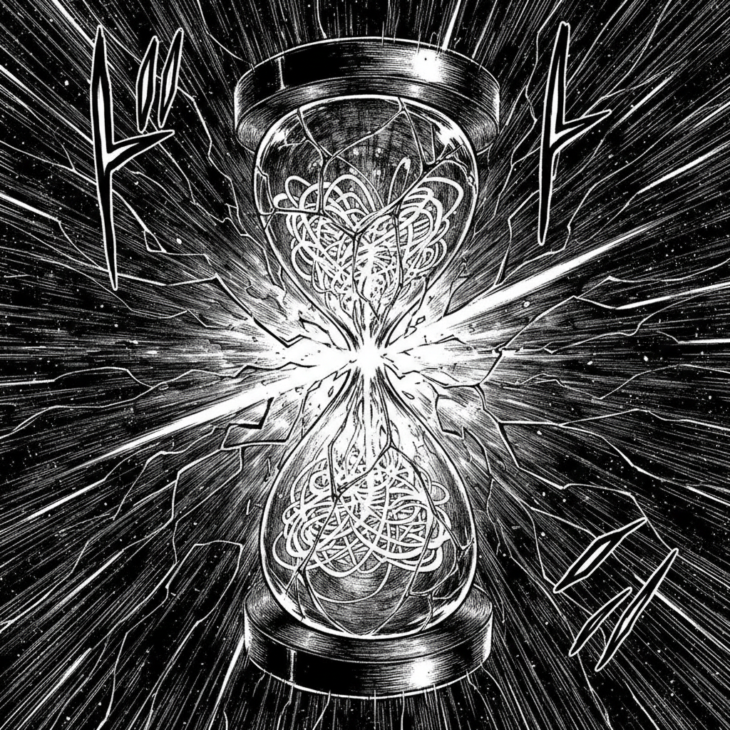 black and white manga panel, dramatic speed lines, Akira aesthetic, bold ink work, a fractured hourglass filled with suspended threads of entangled photons, cracked crystalline glass, intense light bursting from the narrow break, backlit by a warped starfield, speed lines radiating outward like shockwaves, floating in infinite black space with stark illumination from behind, atmosphere of suspended collapse [Nano Banana]