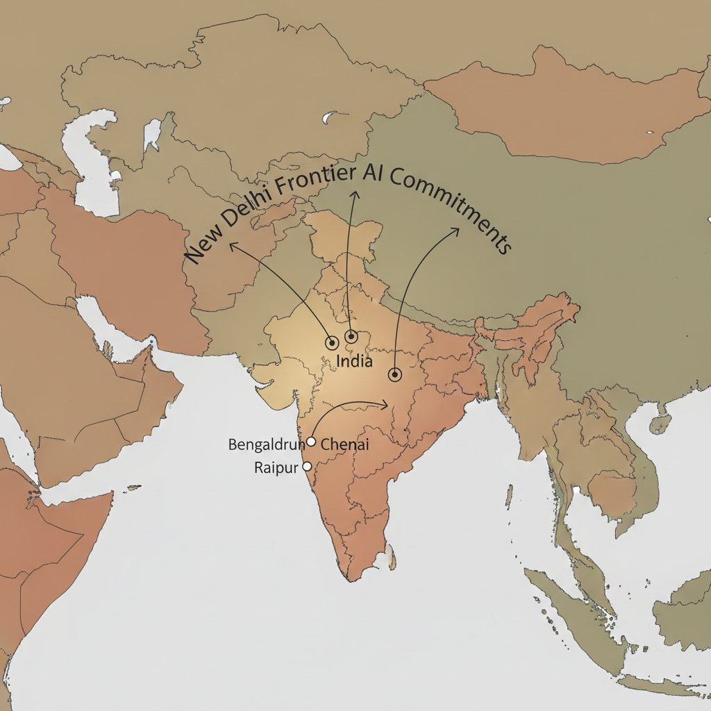 flat color political map, clean cartographic style, muted earth tones, no 3D effects, geographic clarity, professional map illustration, minimal ornamentation, clear typography, restrained color coding, flat 2D political map of South Asia, clean vector lines with muted earth-tone regions, subtle gradient highlighting India at the center, thin hand-drawn annotation lines extending from cities like Bengaluru, Chennai, and Raipur toward an upward-curving arc labeled 'New Delhi Frontier AI Commitments', soft directional light from above-left casting faint ink-line shadows, atmosphere of quiet authorship and deliberate recentering [Nano Banana]