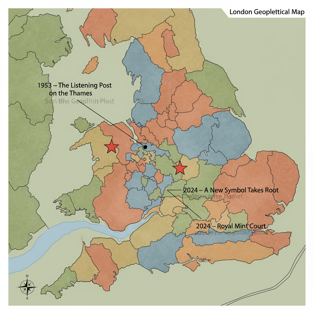 flat color political map, clean cartographic style, muted earth tones, no 3D effects, geographic clarity, professional map illustration, minimal ornamentation, clear typography, restrained color coding, flat 2D political map of London, clean vector-style lines, muted color zones for boroughs with subtle gradient differentiation, two annotated red-star points marking the Soviet embassy on Kensington High Street and the new Chinese mission at Royal Mint Court, thin black leader lines pointing to each with small inscriptions: “1953 – The Listening Post on the Thames” and “2024 – A New Symbol Takes Root”, soft directional light from upper left casting faint ink-line shadows, atmosphere of quiet geopolitical realignment [Nano Banana]