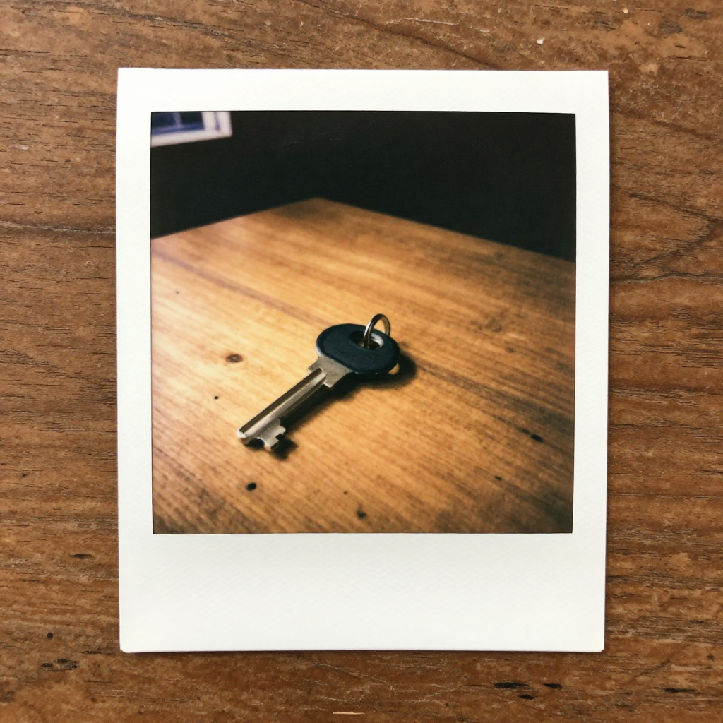 instant Polaroid photograph, vintage 1970s aesthetic, faded colors, white border frame, slightly overexposed, nostalgic lo-fi quality, amateur snapshot, a split key fused at the base resting on a worn wooden table, one tine made of brushed steel, the other of matte black composite, late afternoon light from the left casting a thin shadow, quiet atmosphere of deliberate restraint [Z-Image Turbo]
