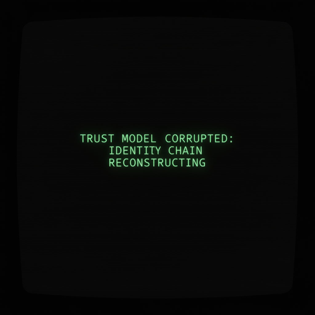 full screen view of monochrome green phosphor CRT terminal display, command line interface filling entire frame, heavy scanlines across black background, authentic 1970s computer terminal readout, VT100 style, green text on black, phosphor glow, screen curvature at edges, "TRUST MODEL CORRUPTED: IDENTITY CHAIN RECONSTRUCTING", monospace text glowing faintly green, centered on a pitch-black screen, dim ambient glow from the characters casting no shadows, atmosphere of quiet urgency and unseen transformation [Nano Banana]