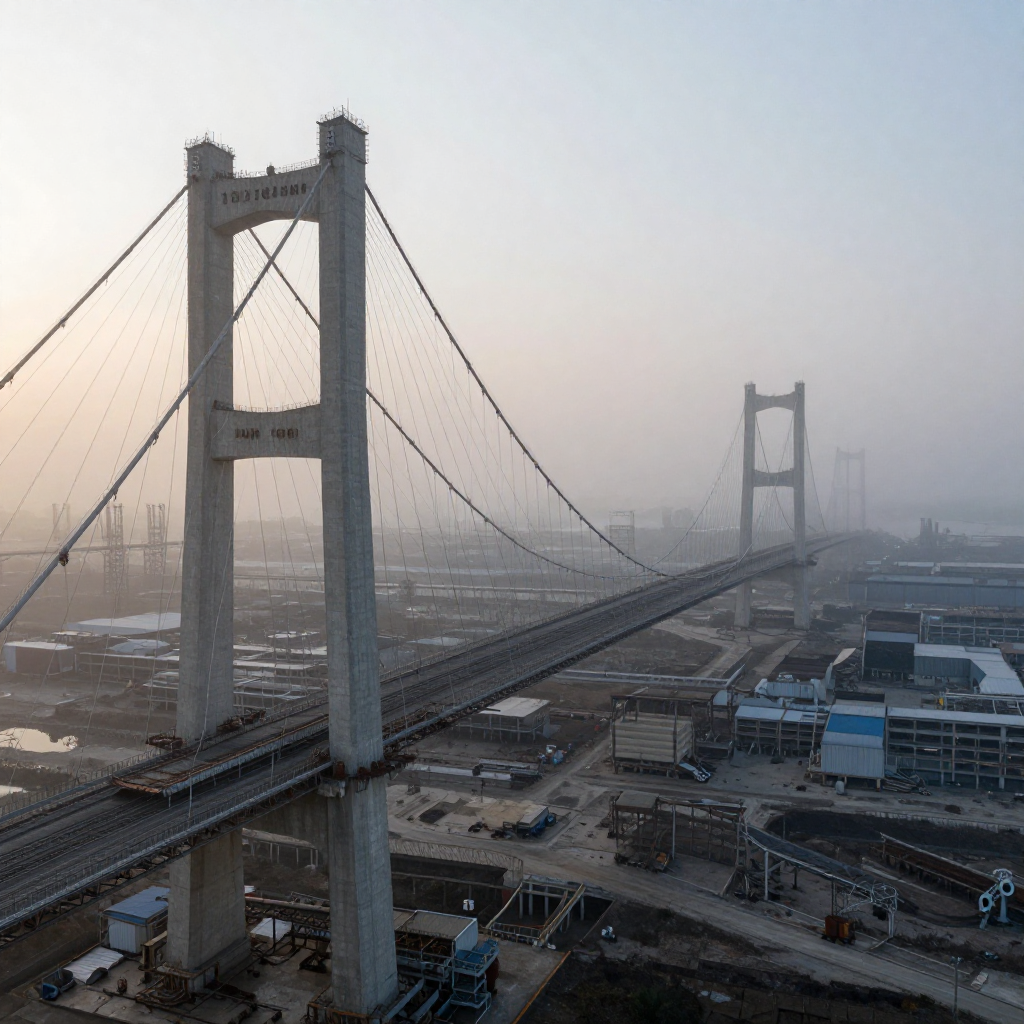 industrial scale photography, clean documentary style, infrastructure photography, muted industrial palette, systematic perspective, elevated vantage point, engineering photography, operational facilities, an unfinished suspension bridge, rusted steel cables and fractured concrete pylons, stretching into a dense morning fog from a massive but abandoned logistics terminal, backlit by a cold dawn glow from the east, atmosphere of irreversible stillness and eroded ambition [Z-Image Turbo]