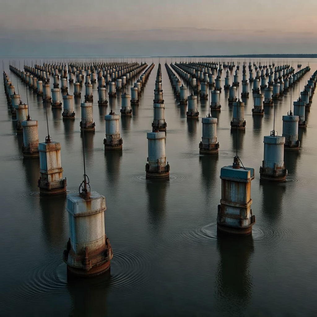 industrial scale photography, clean documentary style, infrastructure photography, muted industrial palette, systematic perspective, elevated vantage point, engineering photography, operational facilities, a vast grid of sonar buoys stretching to the horizon, steel housings weathered and salt-crusted, tethered by taught cables to submerged arrays below, lit by the flat, slanting light of dusk, the still water broken only by faint concentric ripples from unseen movement beneath, atmosphere of suspended inevitability [Bria Fibo]
