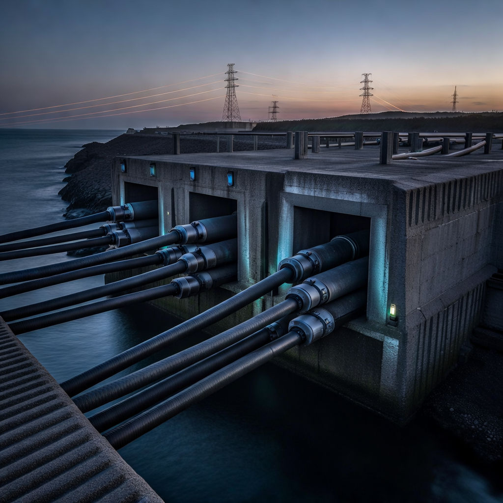 industrial scale photography, clean documentary style, infrastructure photography, muted industrial palette, systematic perspective, elevated vantage point, engineering photography, operational facilities, An undersea communications cable landing station at twilight, rows of thick armored fiber-optic conduits emerging from concrete tunnels into dark tidal waters, backed by distant transmission towers strung with glowing lines across the horizon, cool blue light bleeding from sealed junctions, low-angle dusk illumination casting long parallel shadows over grooved concrete, humid coastal air diffusing the glow of embedded status beacons, atmosphere of silent vigilance and interconnected reach [Bria Fibo]