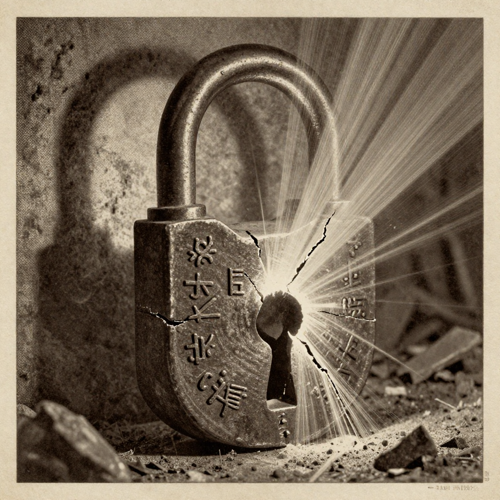vintage Victorian newspaper photograph, sepia tone, aged paper texture, halftone dot printing, 1890s photojournalism, slight grain, archival quality, authentic period photography, a large, ancient-looking iron padlock etched with intricate cryptographic symbols, its surface splitting along glowing fault lines as beams of cold, prismatic light surge from within, tearing through the metal like threads being pulled from fabric, illuminated by sharp side lighting that casts deep, jagged shadows, in a still, cavernous atmosphere of suspended decay [Z-Image Turbo]