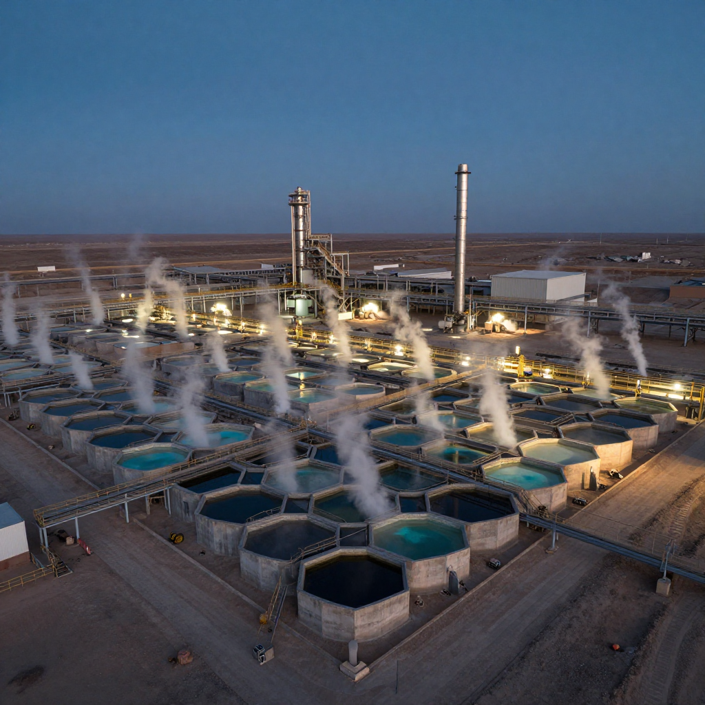 industrial scale photography, clean documentary style, infrastructure photography, muted industrial palette, systematic perspective, elevated vantage point, engineering photography, operational facilities, A massive rare earth separation array at dusk, hexagonal basins filled with iridescent chemical solutions in precise geometric alignment, steam rising in thin parallel columns, backlit by low amber sun casting long shadows across the desert plateau, atmosphere of silent tension beneath a cloudless indigo sky [Z-Image Turbo]
