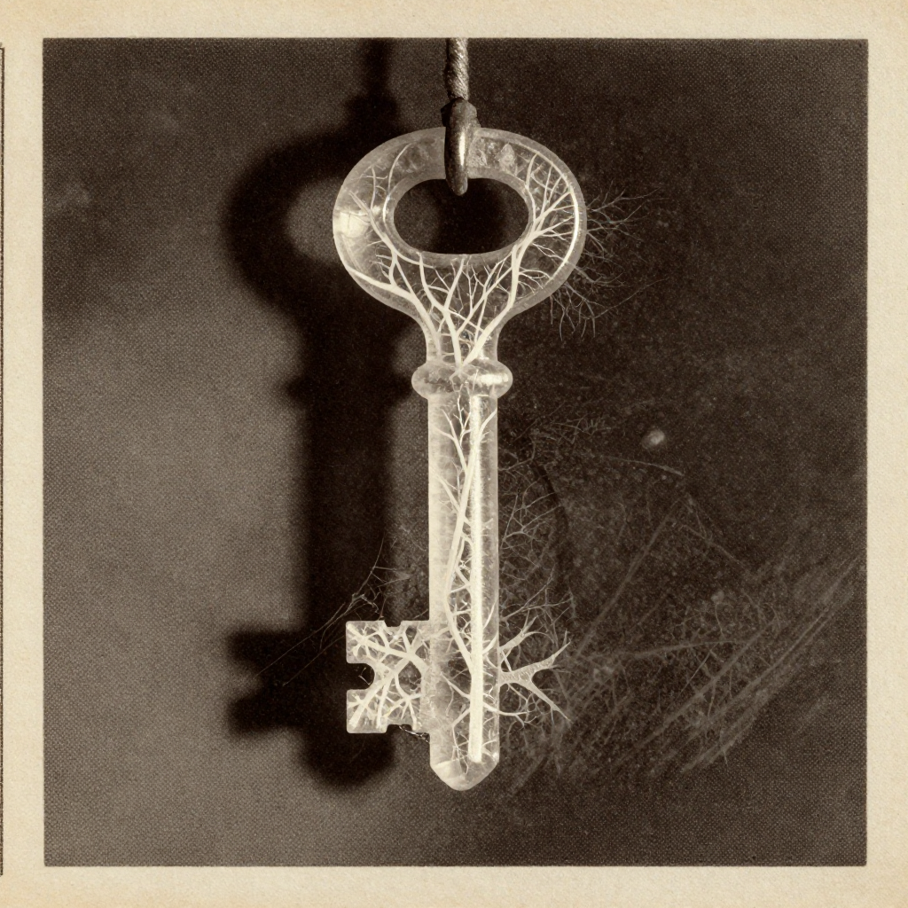 vintage Victorian newspaper photograph, sepia tone, aged paper texture, halftone dot printing, 1890s photojournalism, slight grain, archival quality, authentic period photography, a forged key, made of translucent quartz with branching luminescent veins resembling neural pathways, lit from the left by a narrow beam creating deep shadows, suspended in a dark void with faint crystalline lattices dissolving at its edges [Z-Image Turbo]