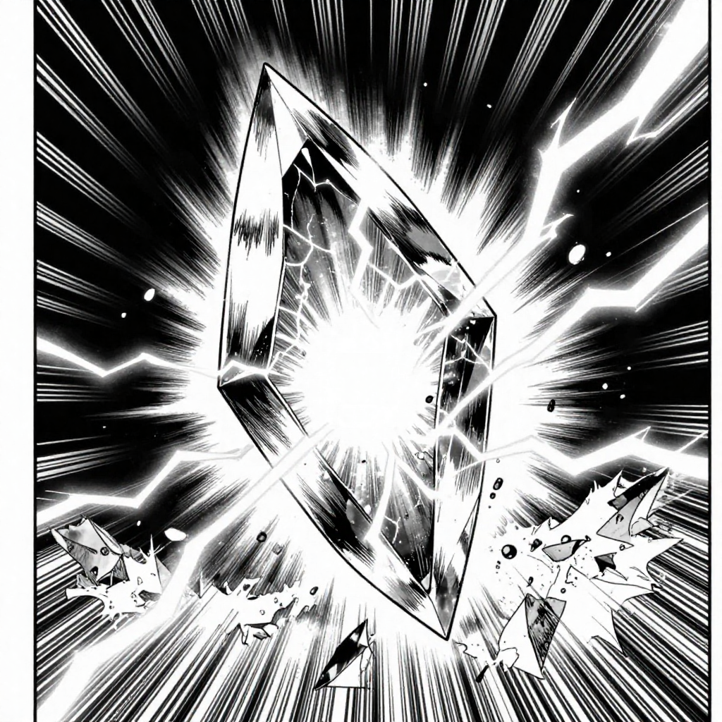 black and white manga panel, dramatic speed lines, Akira aesthetic, bold ink work, a shattered prism of frozen lightning, jagged crystalline facets glowing with trapped electric pulses, backlit by a sudden burst from within, suspended in total darkness with radiant cracks flaring outward like speed lines, atmosphere of instantaneous release after immense pressure [Z-Image Turbo]