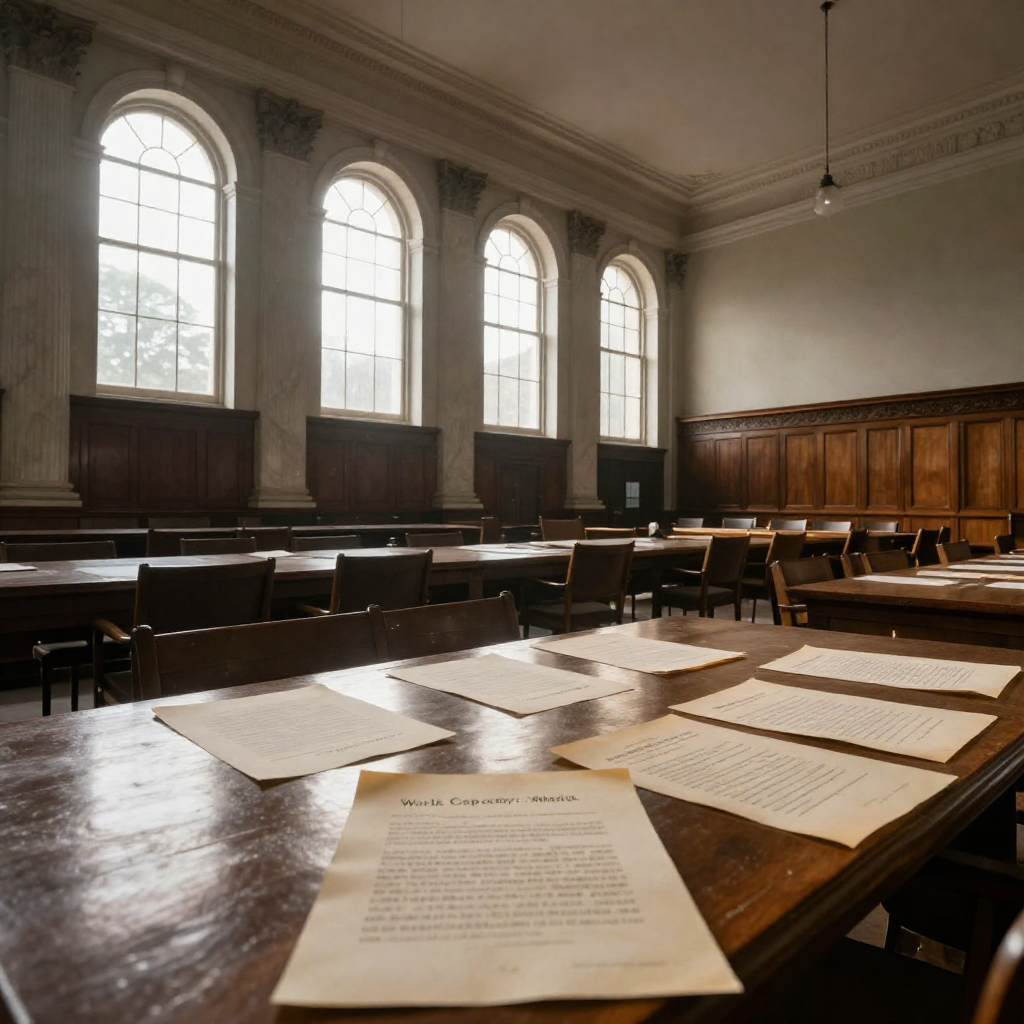 empty formal interior, natural lighting through tall windows, wood paneling, institutional architecture, sense of history and permanence, marble columns, high ceilings, formal furniture, muted palette, an empty 19th-century-style committee room, long wooden table covered in yellowed papers marked with faded ink assessments like 'Work Capacity: Moderate' and 'Village Output Index,' tall arched windows streaming morning light that illuminates floating dust above the documents, atmosphere of solemn abandonment and bureaucratic residue [Z-Image Turbo]